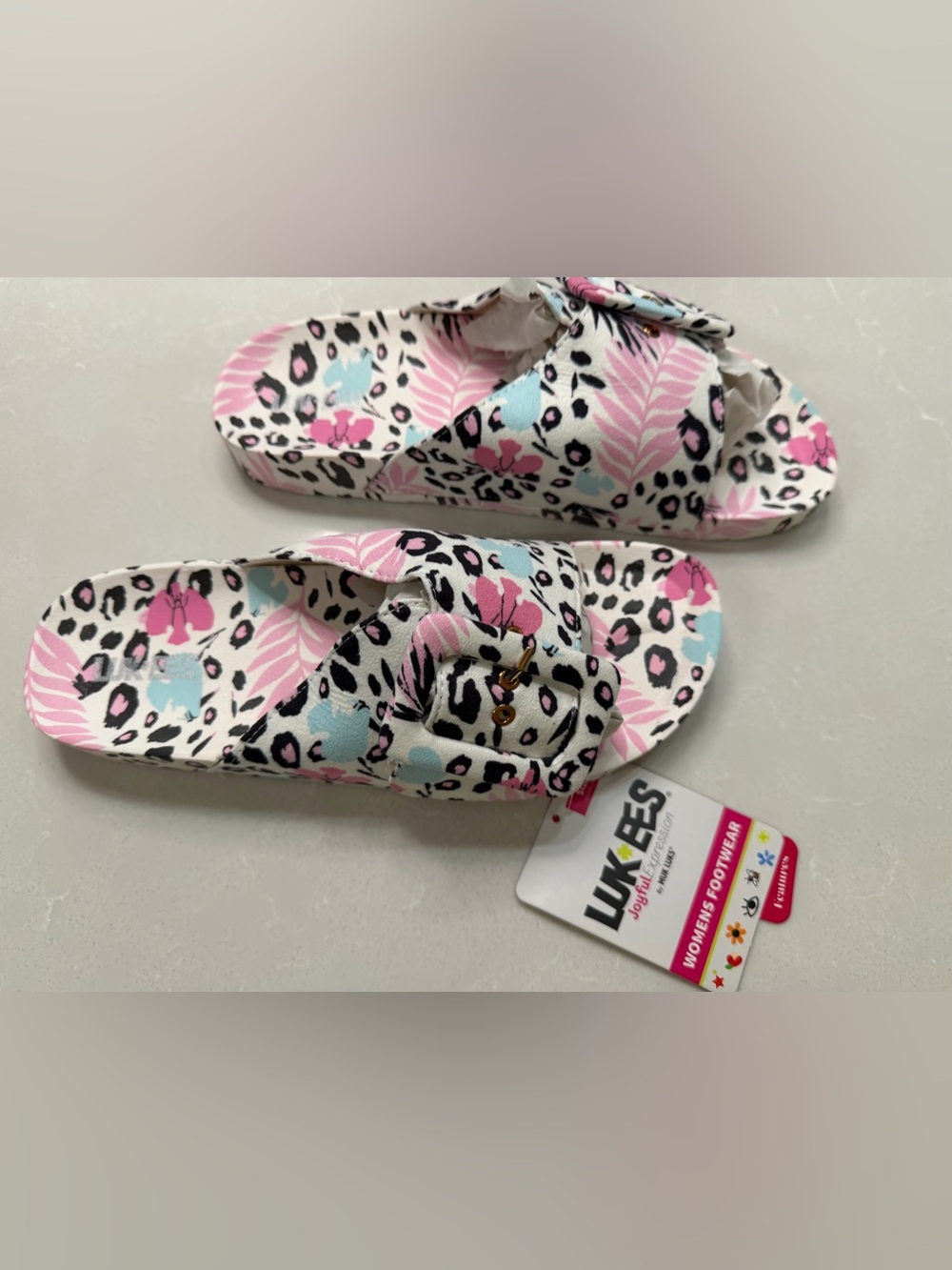 NWT LUKEES MUK LUKS Island Tiki Footbed Slide Sandals Pink Tropical Leopard, 10